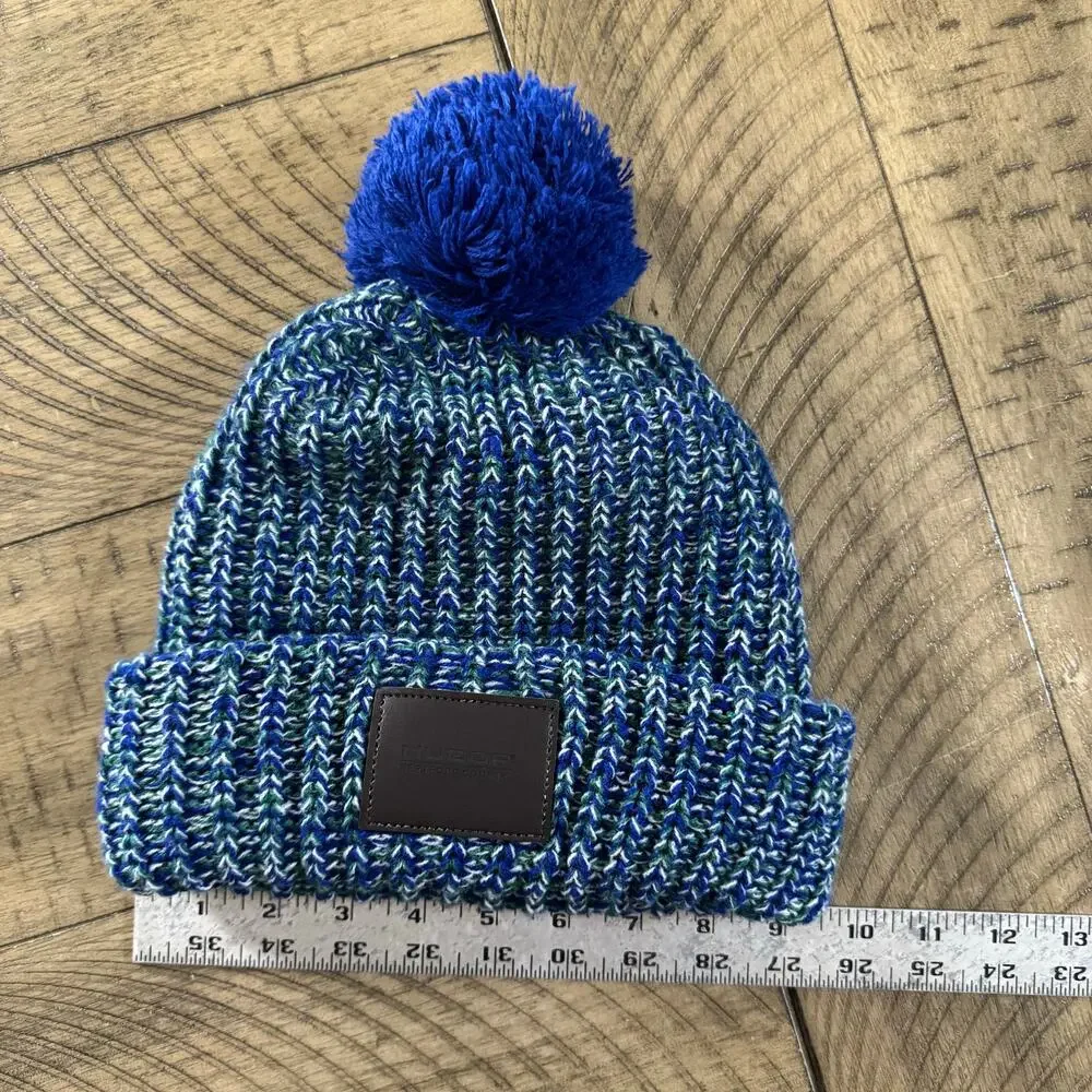 Nucor Steel Pom Beanie Blue Green Knit Cuffed Hat Acrylic